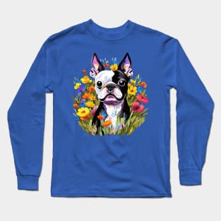 Boston Terrier in Flowers Long Sleeve T-Shirt